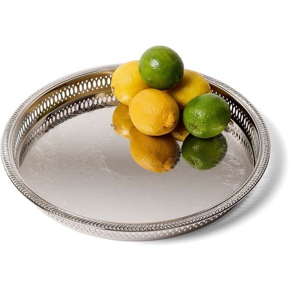 NIB!! Elegance Round Metal Serving Tray, Nickel Plated w/Decorative Embossing - Picture 5 of 5